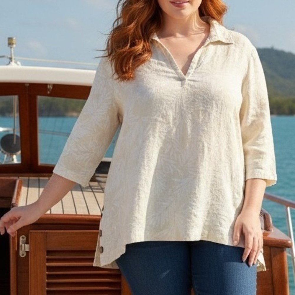 Tahari Womens 100% Linen Palm‎ Print Button Side Tunic Top Cream 2X